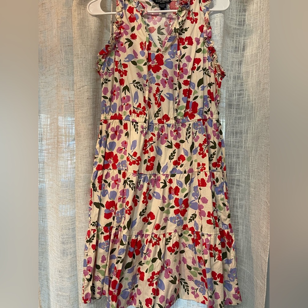 Maggy London Cream Floral Tiered Dress with Red & Lavender Blooms